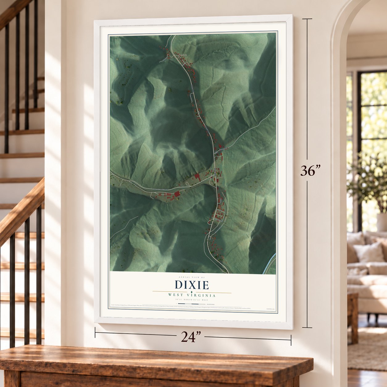 Dixie, West Virginia map, 24 x 36 inch print in a white frame by a staircase