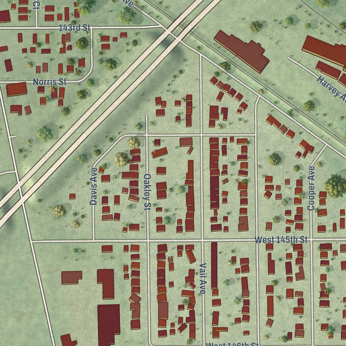 Second close-up of the map of Dixmoor, Illinois print showing more streets and buildings