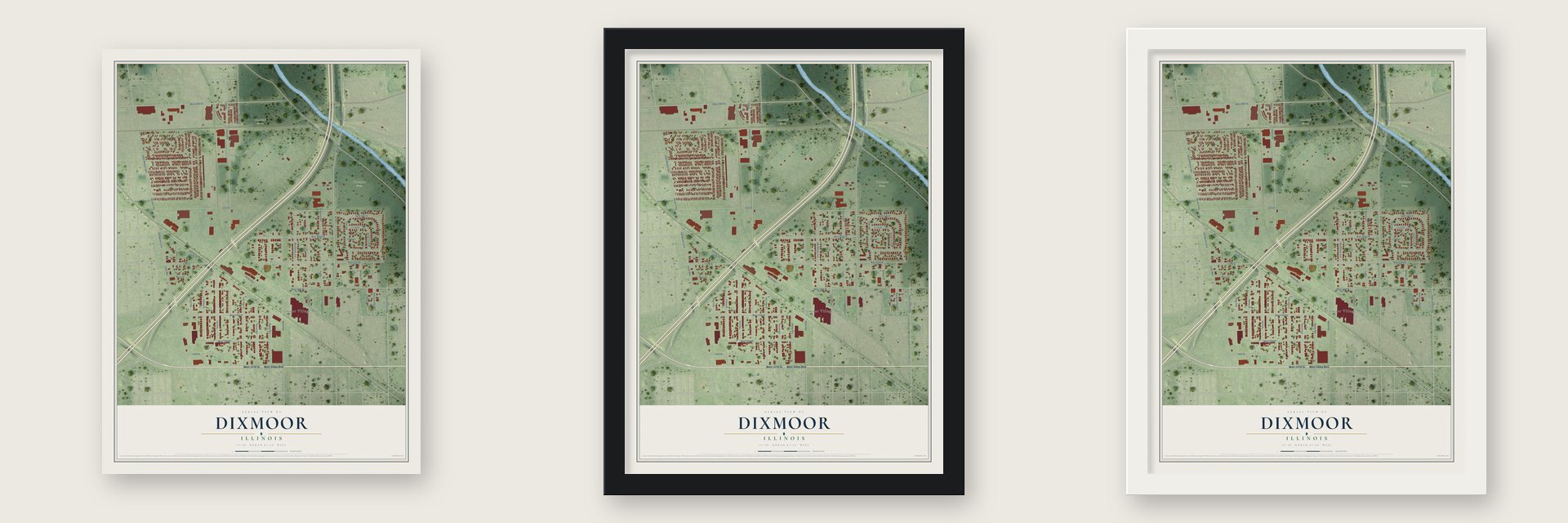 Dixmoor, Illinois map unframed, in a black wood frame and in a white wood frame