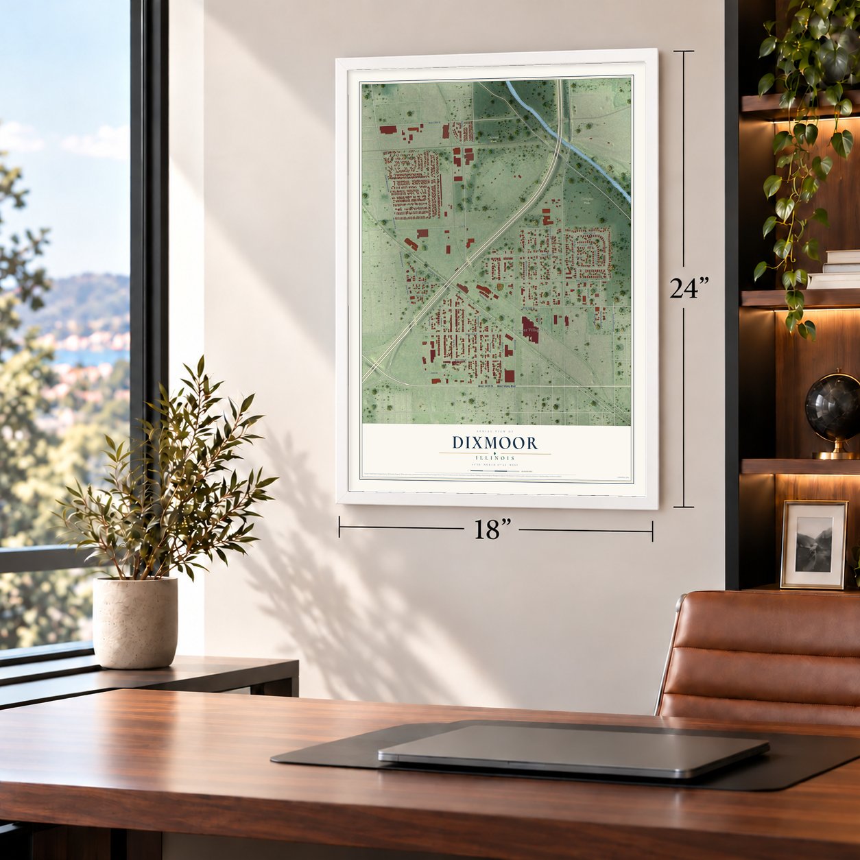 Dixmoor, Illinois map, 18 x 24 inch print in a white frame in a home office