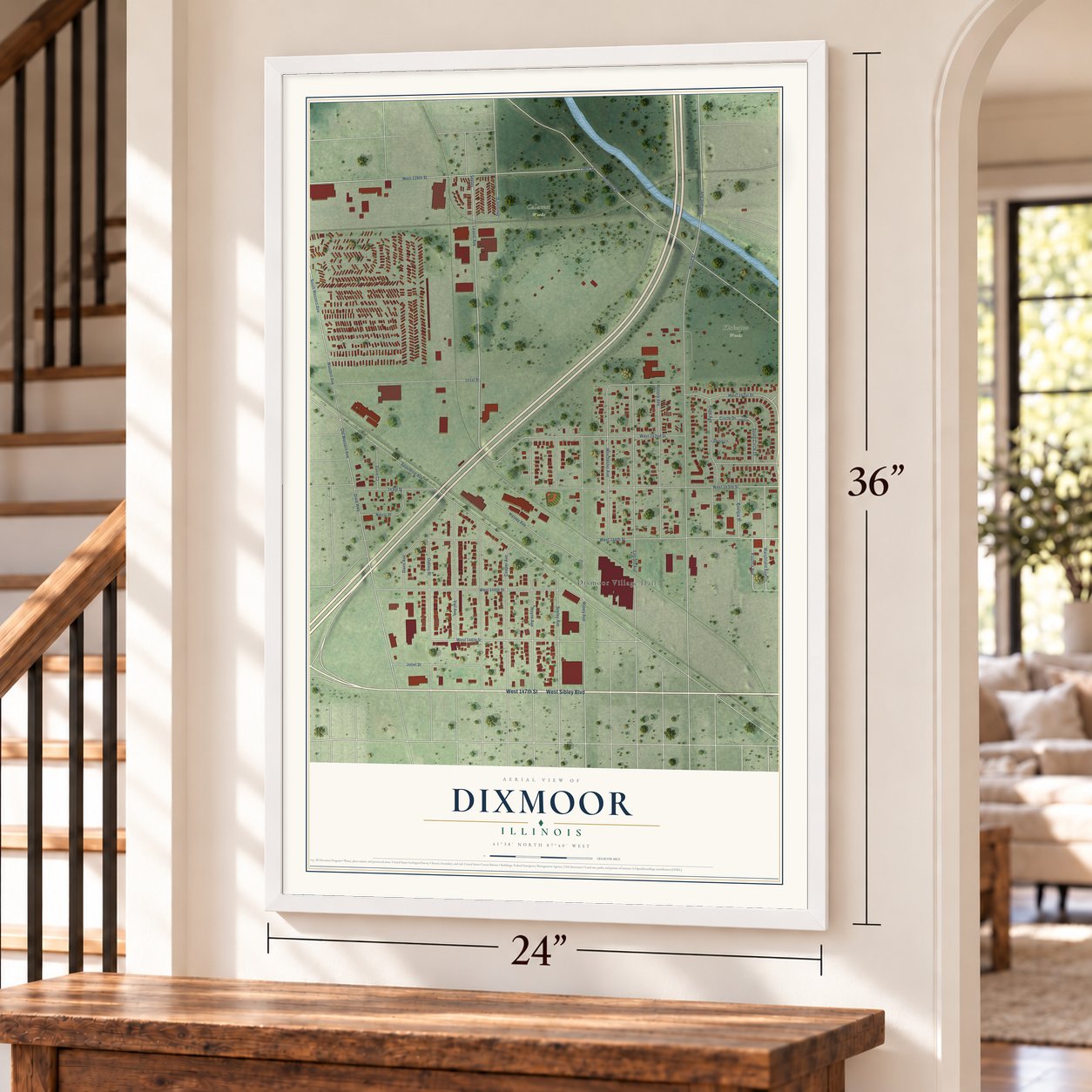 Dixmoor, Illinois map, 24 x 36 inch print in a white frame by a staircase