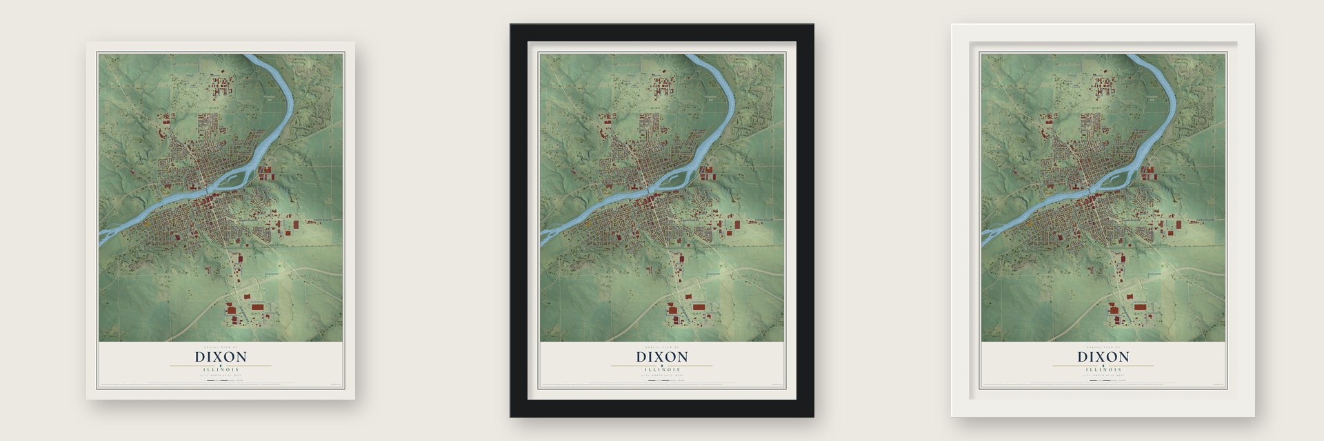 Dixon, Illinois map unframed, in a black wood frame and in a white wood frame