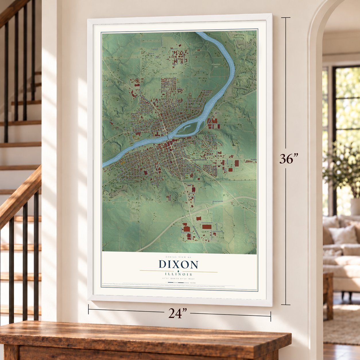 Dixon, Illinois map, 24 x 36 inch print in a white frame by a staircase