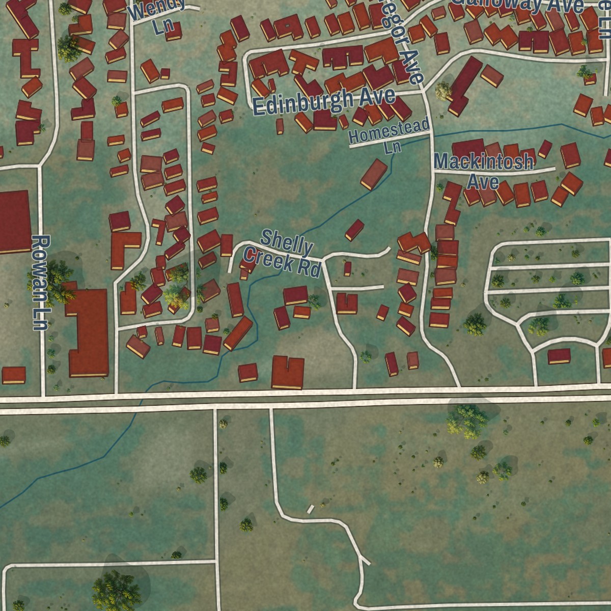 Second close-up of the map of Dixon Lane-MeadowCreek, California print showing more streets and buildings