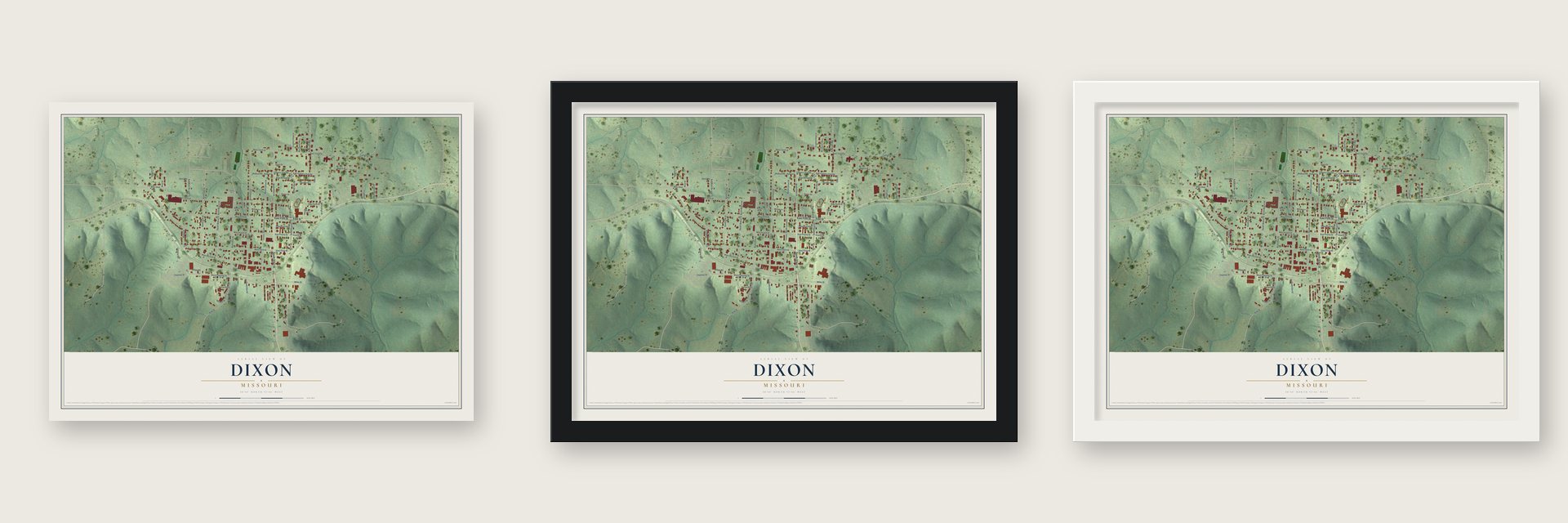 Dixon, Missouri map unframed, in a black wood frame and in a white wood frame