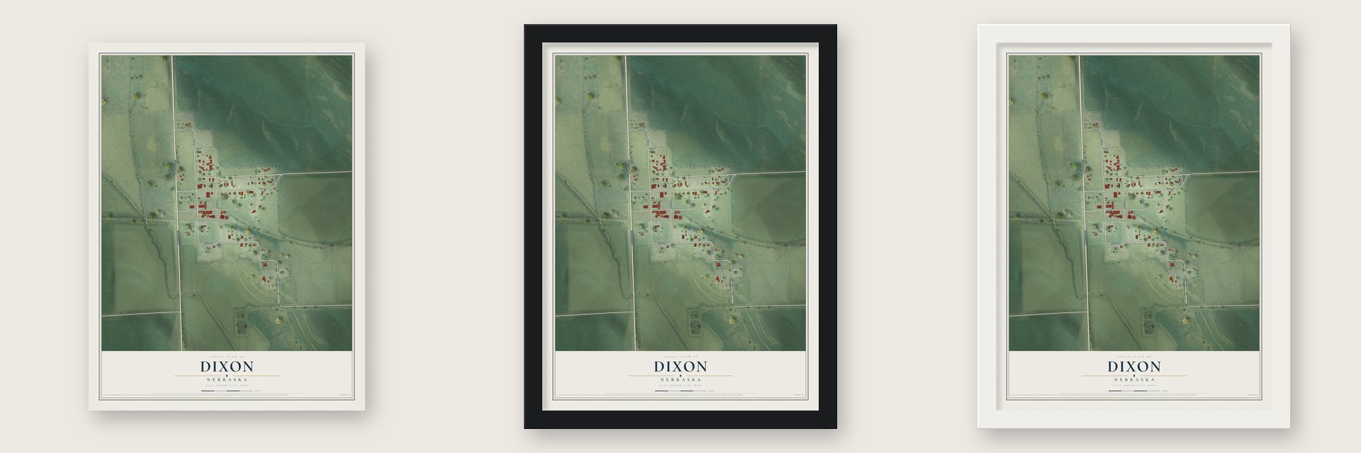 Dixon, Nebraska map unframed, in a black wood frame and in a white wood frame
