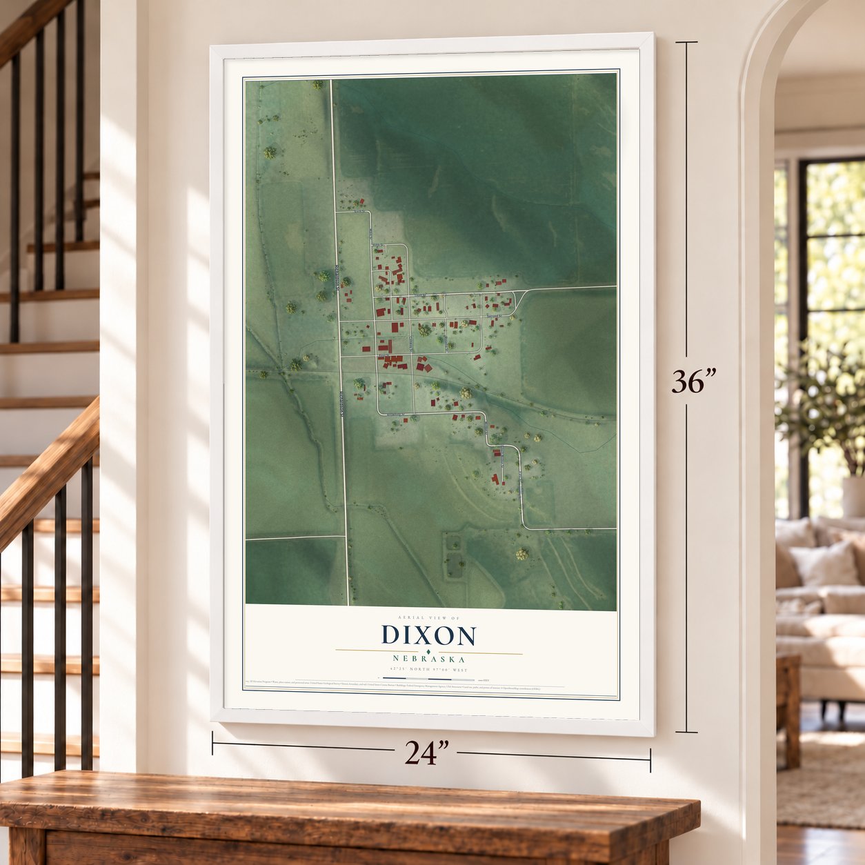 Dixon, Nebraska map, 24 x 36 inch print in a white frame by a staircase