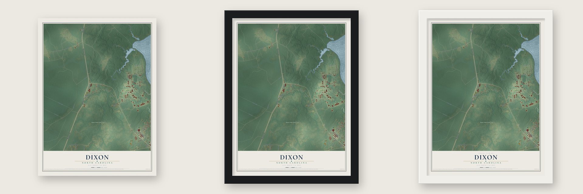 Dixon, North Carolina map unframed, in a black wood frame and in a white wood frame