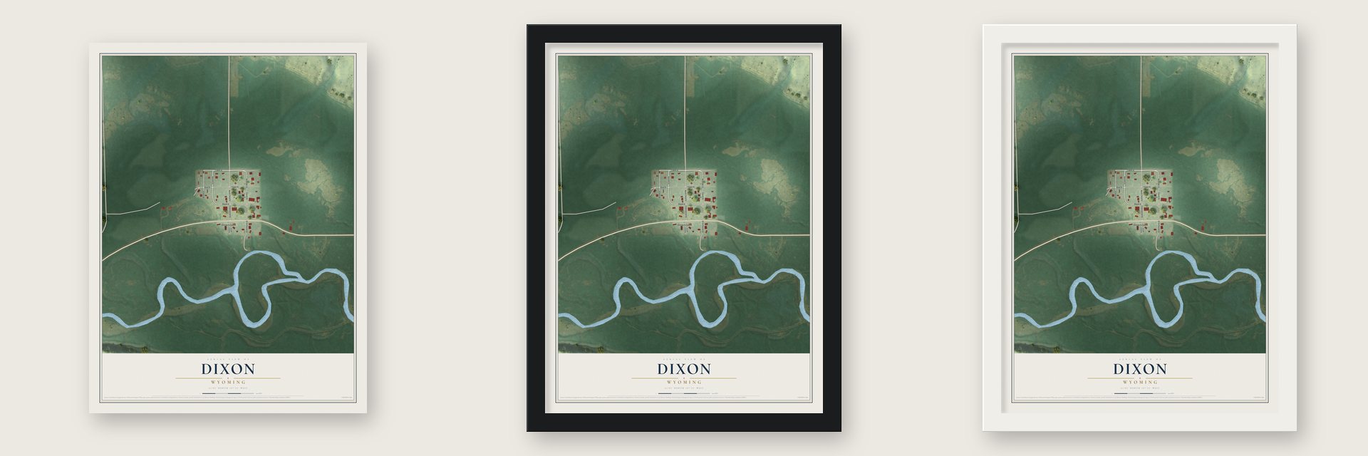 Dixon, Wyoming map unframed, in a black wood frame and in a white wood frame