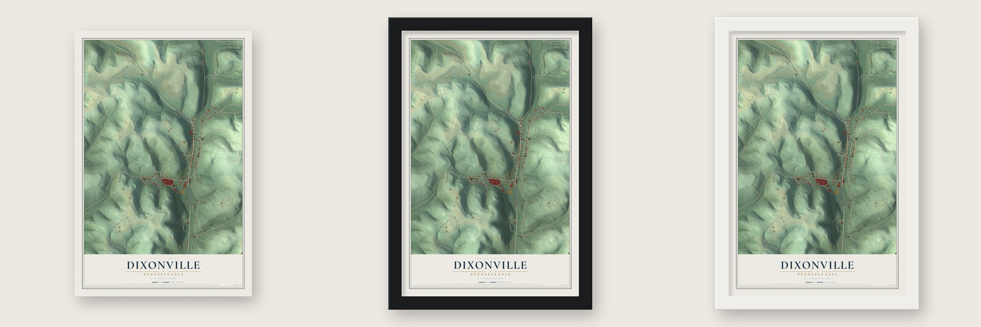 Dixonville, Pennsylvania map unframed, in a black wood frame and in a white wood frame