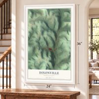 Dixonville, Pennsylvania map, 24 x 36 inch print in a white frame by a staircase