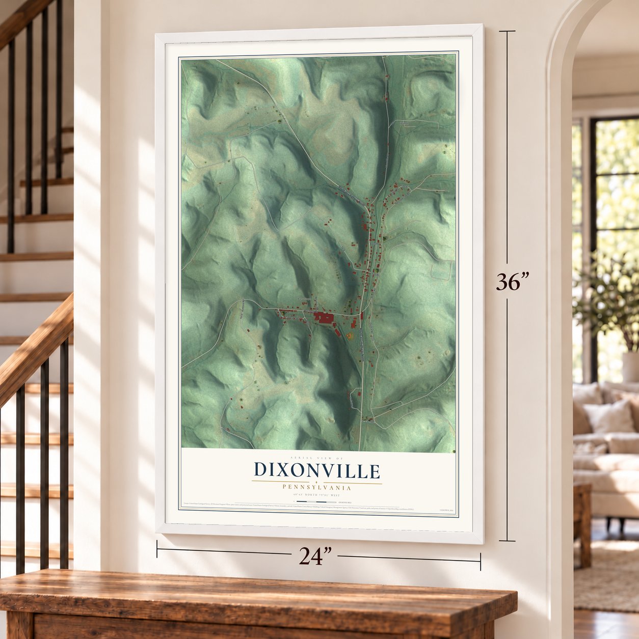 Dixonville, Pennsylvania map, 24 x 36 inch print in a white frame by a staircase