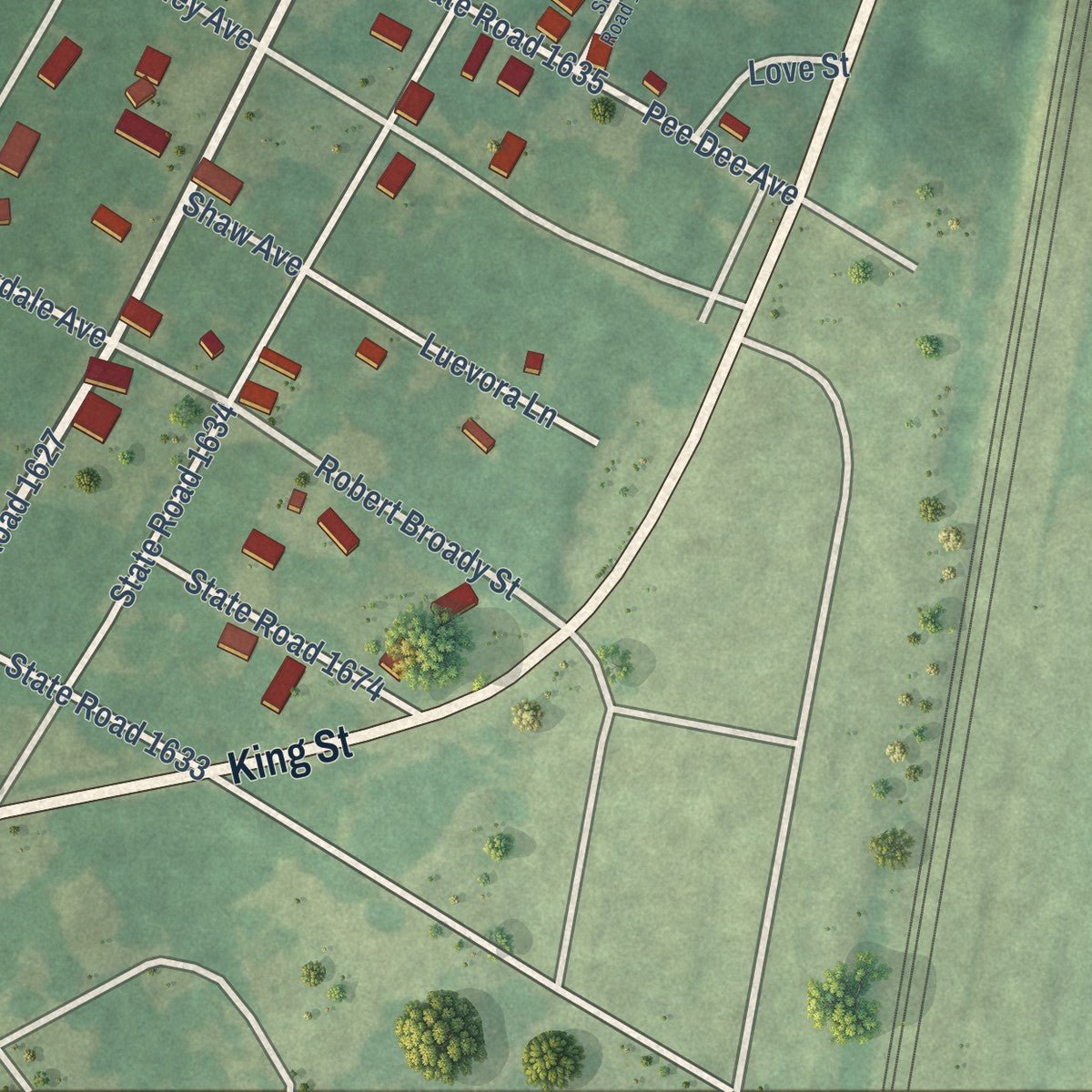 Second close-up of the map of Dobbins Heights, North Carolina print showing more streets and buildings