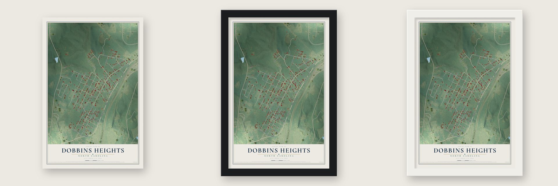 Dobbins Heights, North Carolina map unframed, in a black wood frame and in a white wood frame