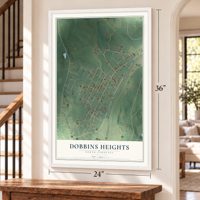 Dobbins Heights, North Carolina map, 24 x 36 inch print in a white frame by a staircase
