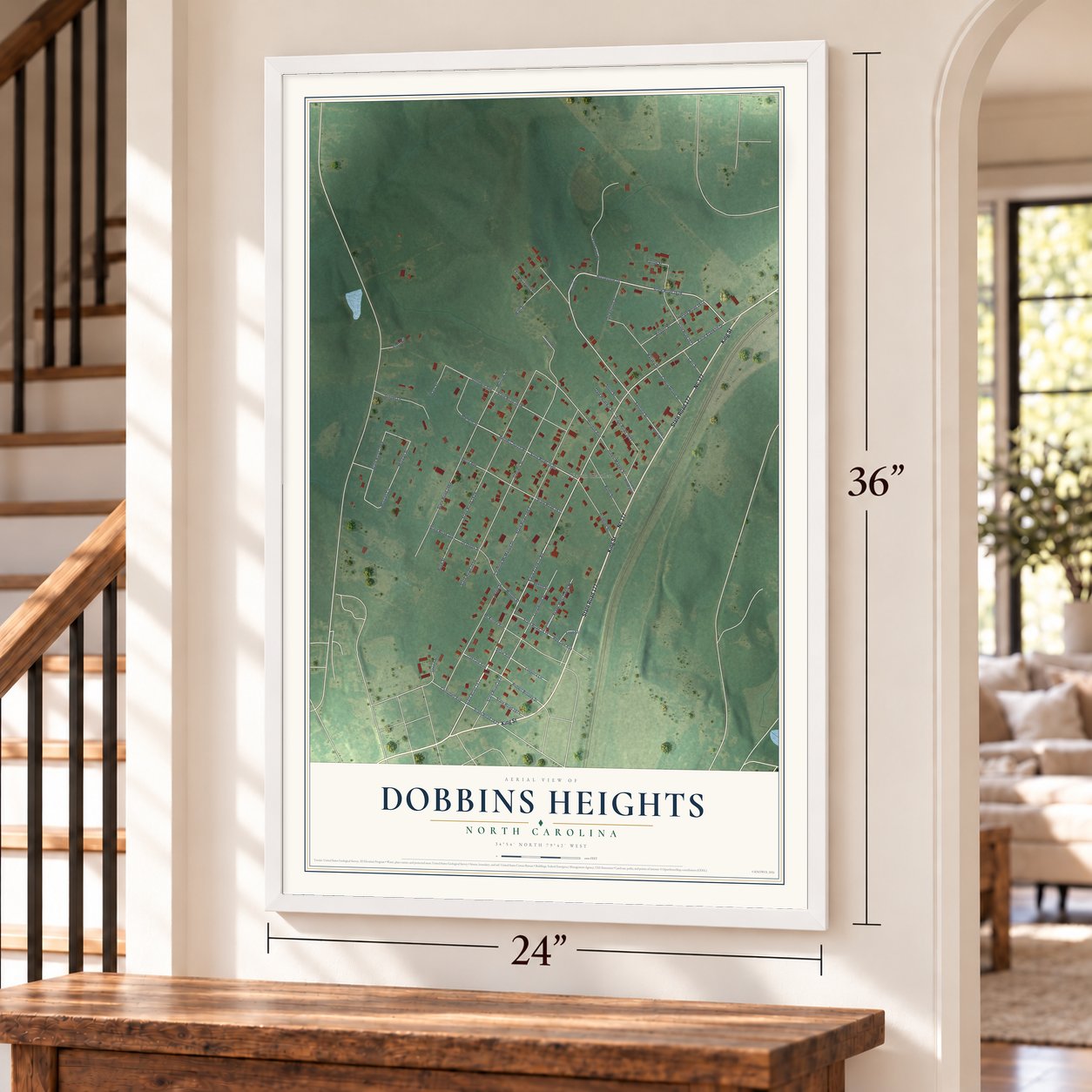 Dobbins Heights, North Carolina map, 24 x 36 inch print in a white frame by a staircase