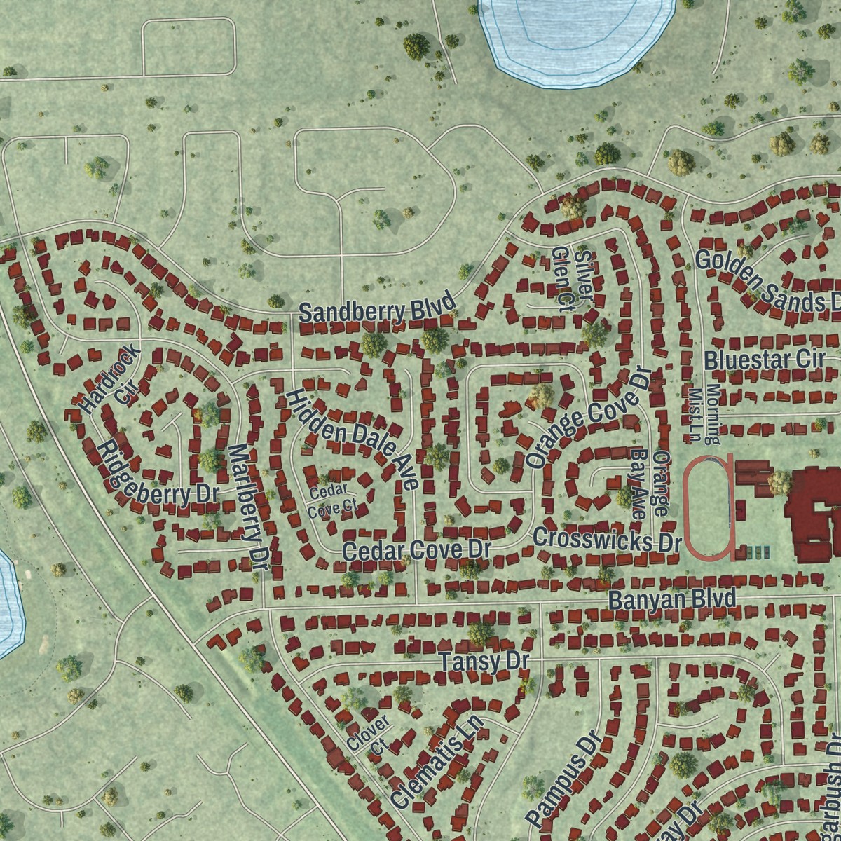 Second close-up of the map of Doctor Phillips, Florida print showing more streets and buildings