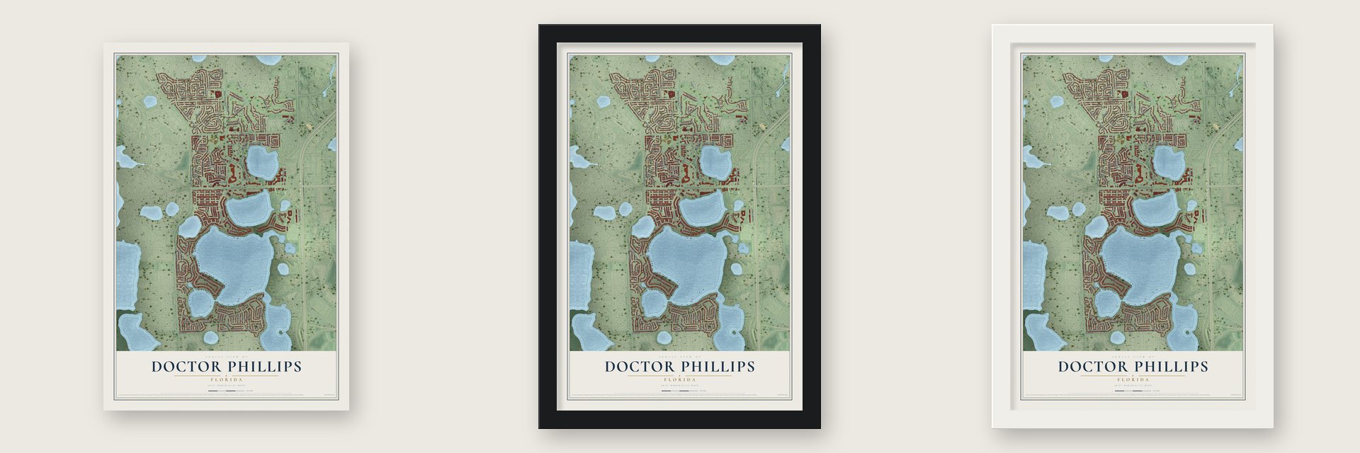 Doctor Phillips, Florida map unframed, in a black wood frame and in a white wood frame