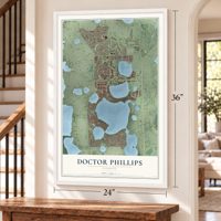 Doctor Phillips, Florida map, 24 x 36 inch print in a white frame by a staircase