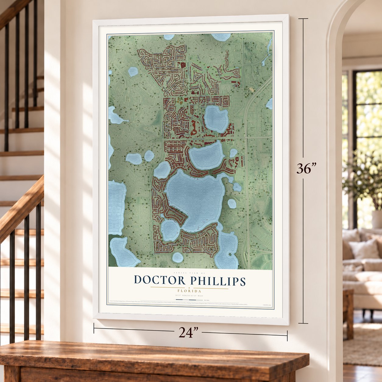 Doctor Phillips, Florida map, 24 x 36 inch print in a white frame by a staircase