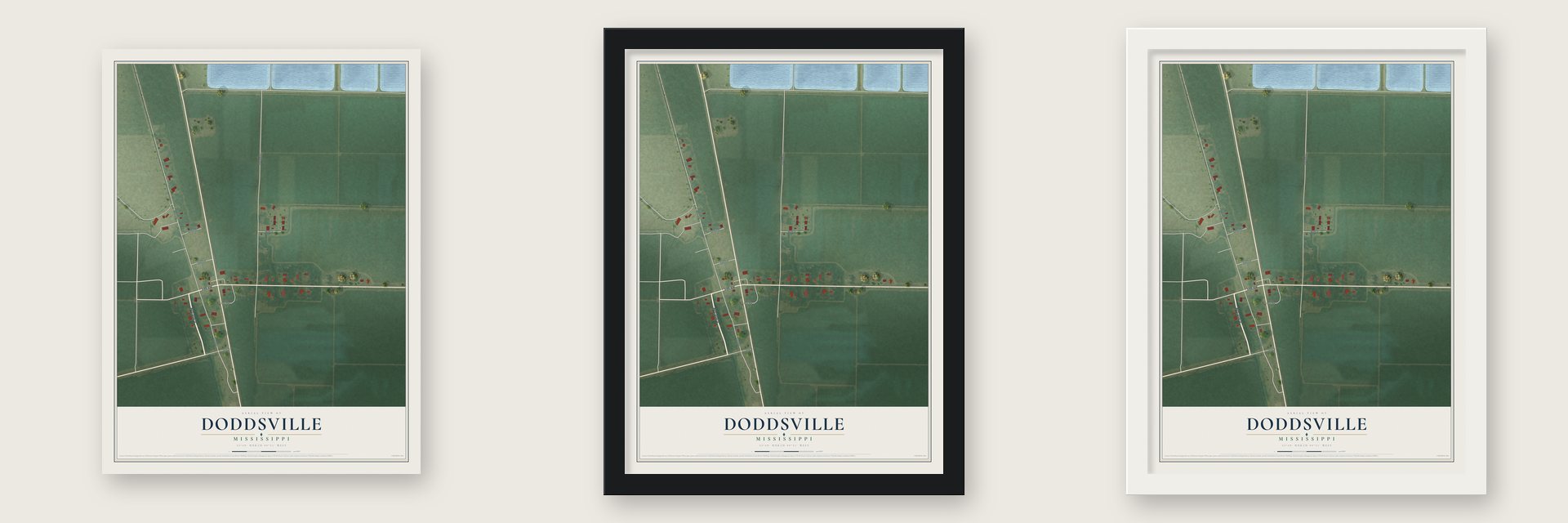 Doddsville, Mississippi map unframed, in a black wood frame and in a white wood frame