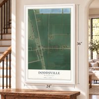 Doddsville, Mississippi map, 24 x 36 inch print in a white frame by a staircase