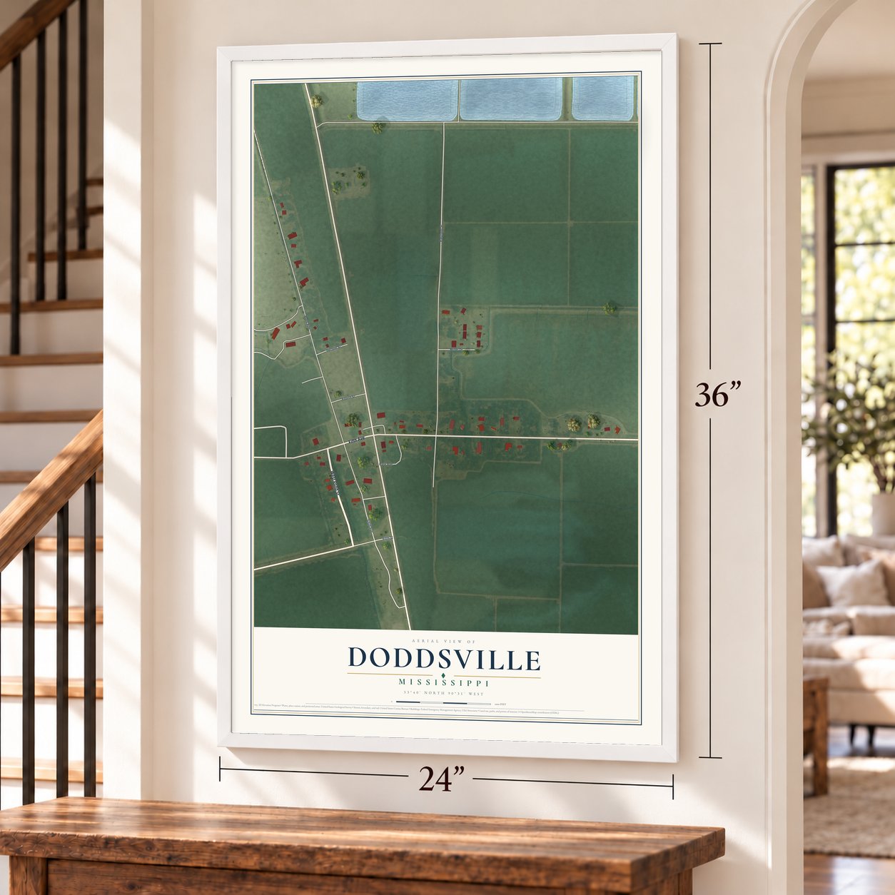 Doddsville, Mississippi map, 24 x 36 inch print in a white frame by a staircase