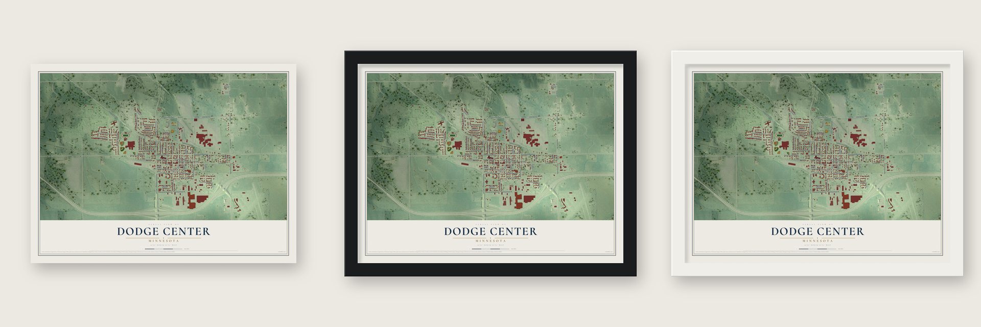 Dodge Center, Minnesota map unframed, in a black wood frame and in a white wood frame