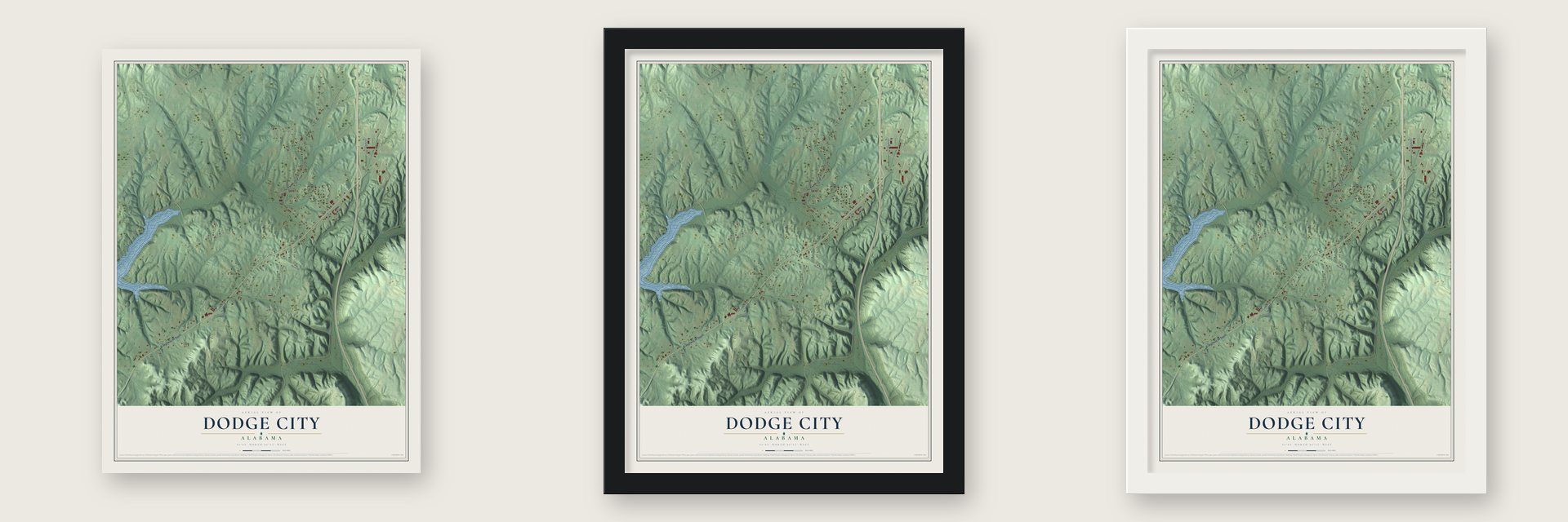 Dodge City, Alabama map unframed, in a black wood frame and in a white wood frame