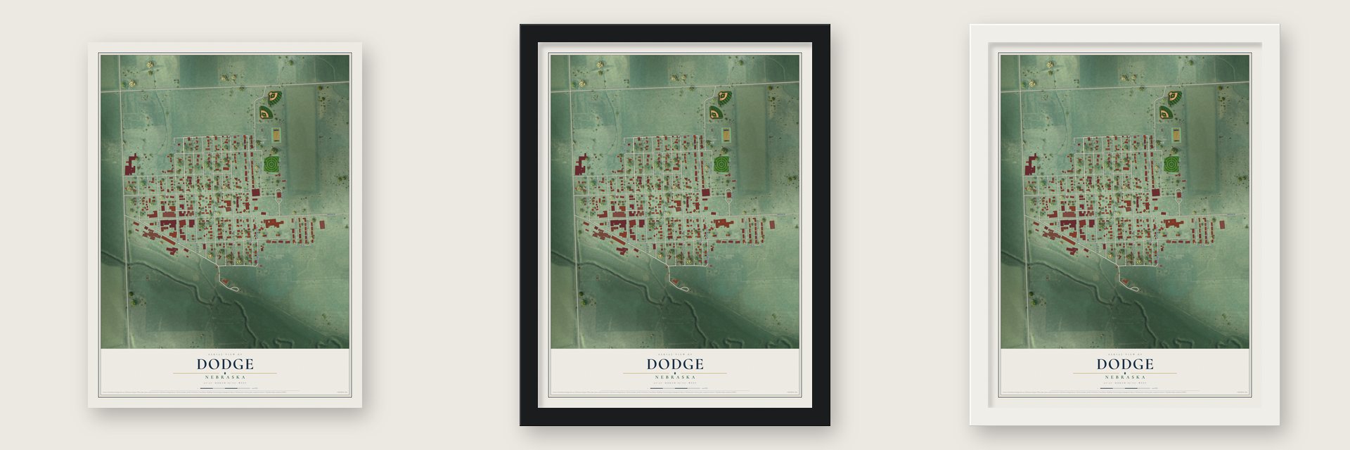 Dodge, Nebraska map unframed, in a black wood frame and in a white wood frame