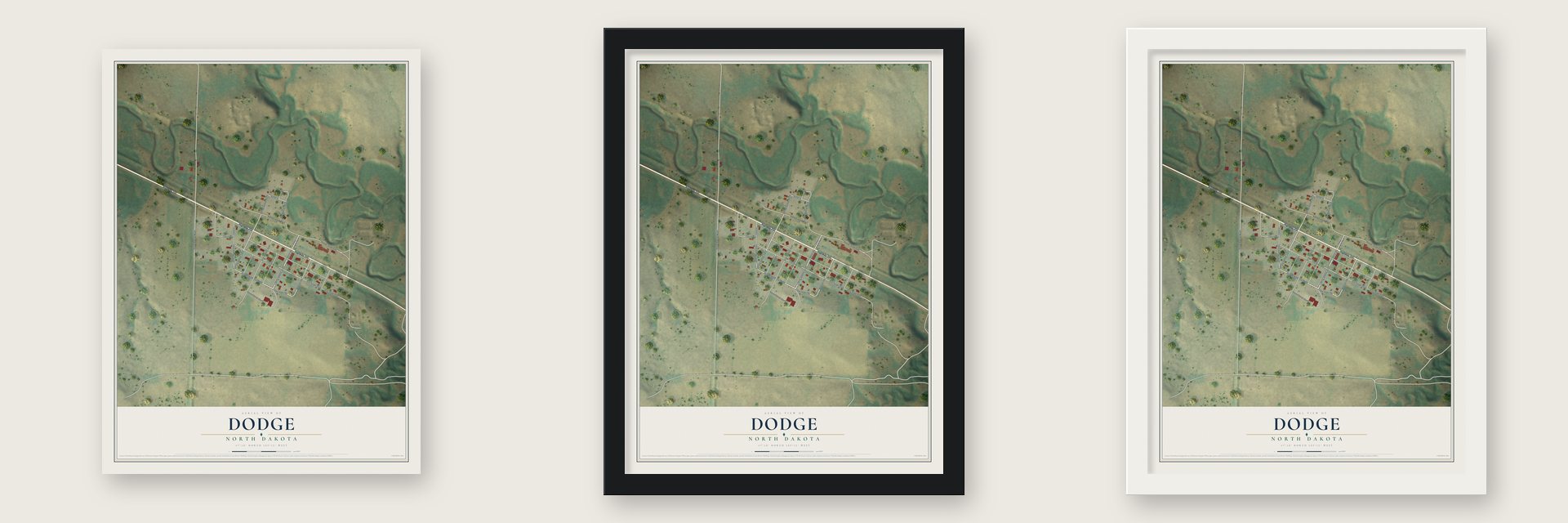 Dodge, North Dakota map unframed, in a black wood frame and in a white wood frame