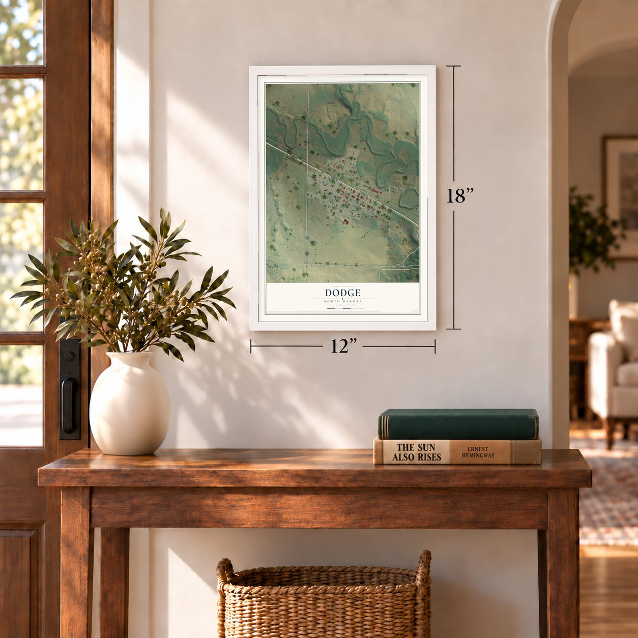 Dodge, North Dakota map, 12 x 18 inch print in a white frame in an entryway