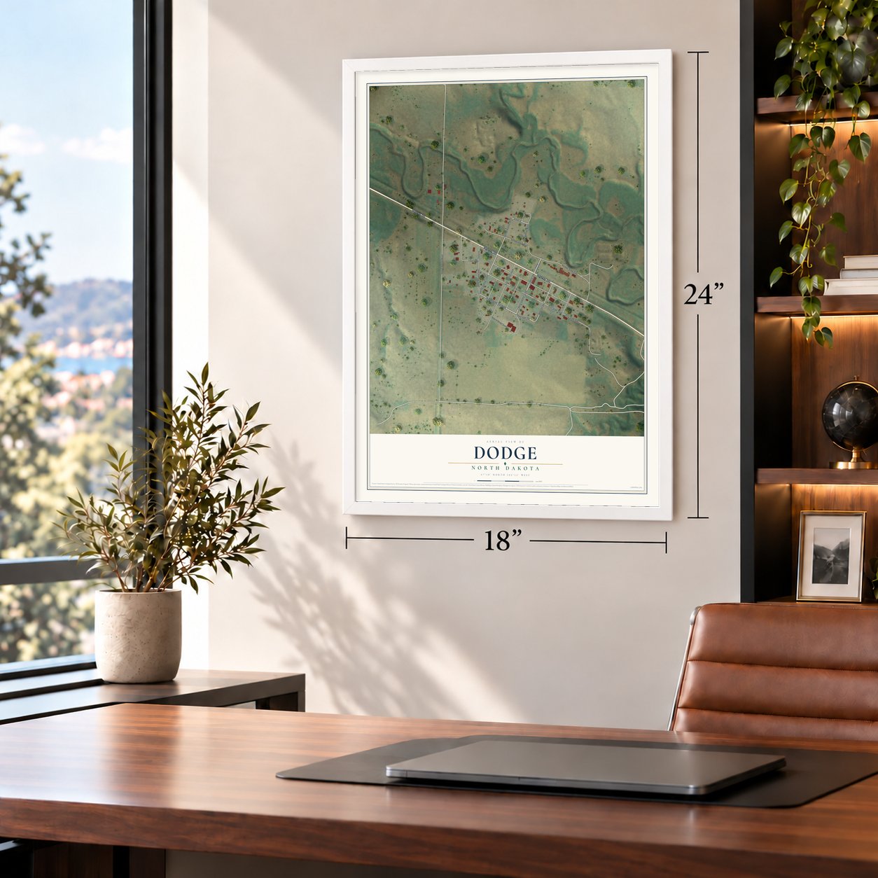 Dodge, North Dakota map, 18 x 24 inch print in a white frame in a home office