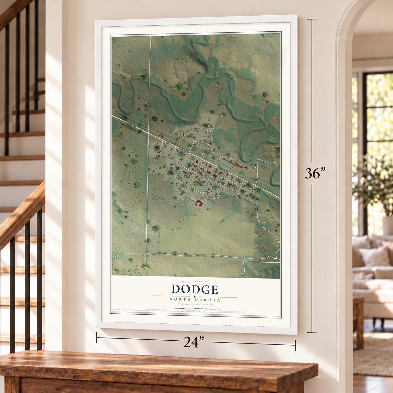 Dodge, North Dakota map, 24 x 36 inch print in a white frame by a staircase