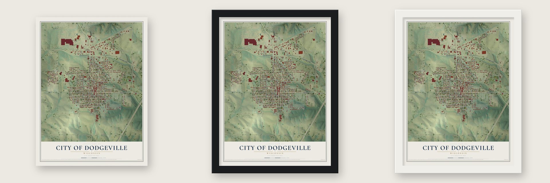 Dodgeville, Wisconsin map unframed, in a black wood frame and in a white wood frame
