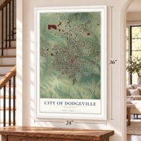 Dodgeville, Wisconsin map, 24 x 36 inch print in a white frame by a staircase