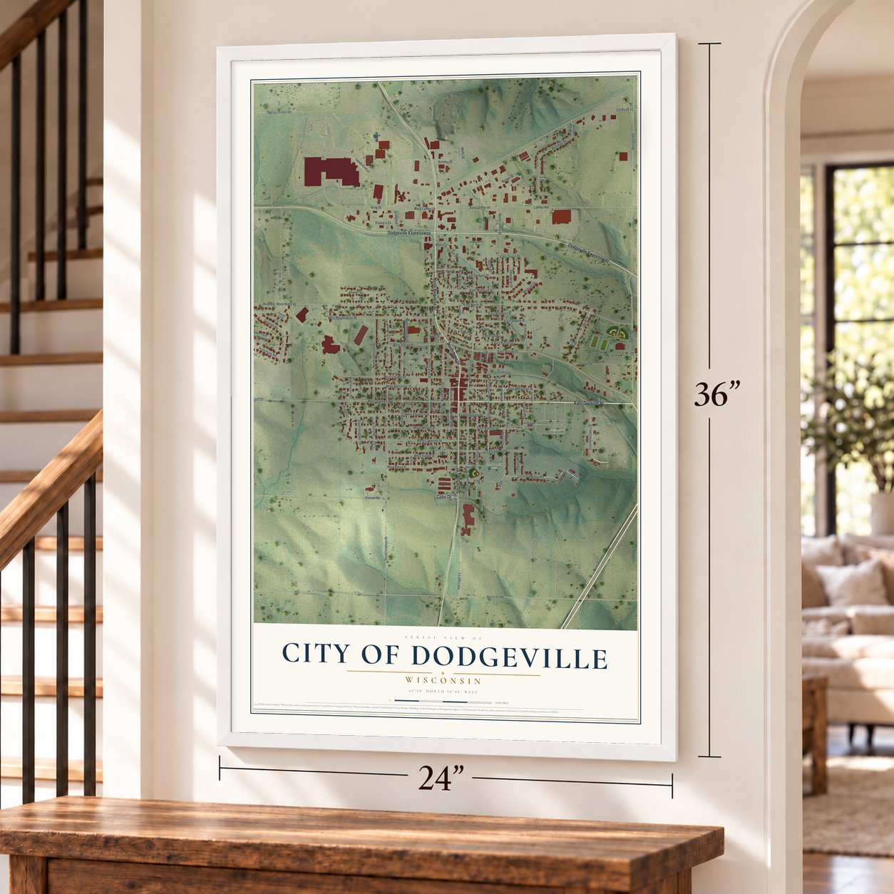 Dodgeville, Wisconsin map, 24 x 36 inch print in a white frame by a staircase