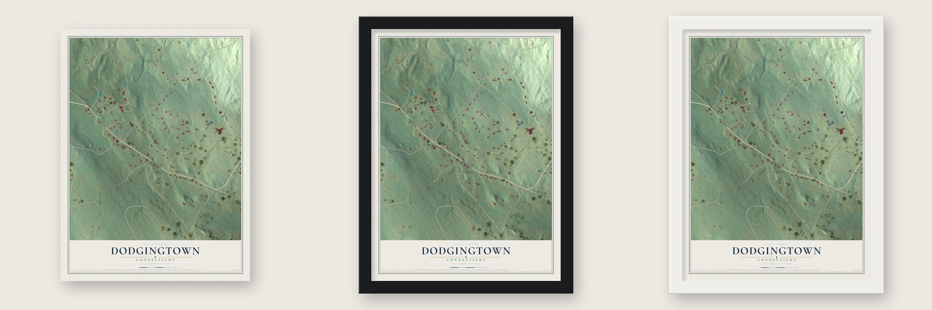 Dodgingtown, Connecticut map unframed, in a black wood frame and in a white wood frame
