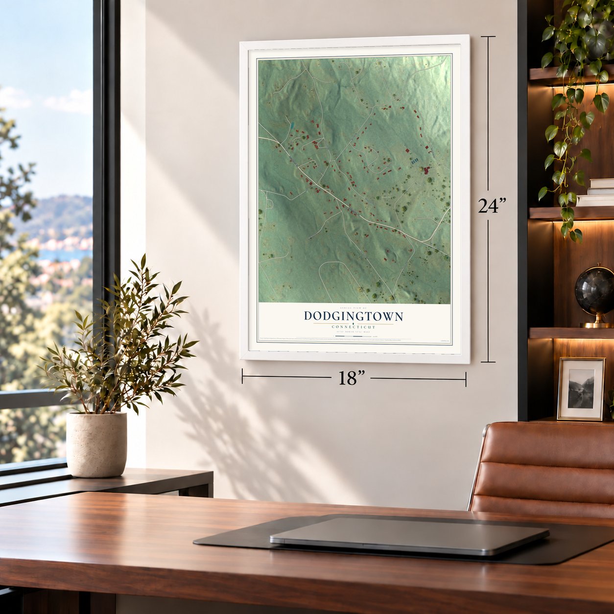 Dodgingtown, Connecticut map, 18 x 24 inch print in a white frame in a home office