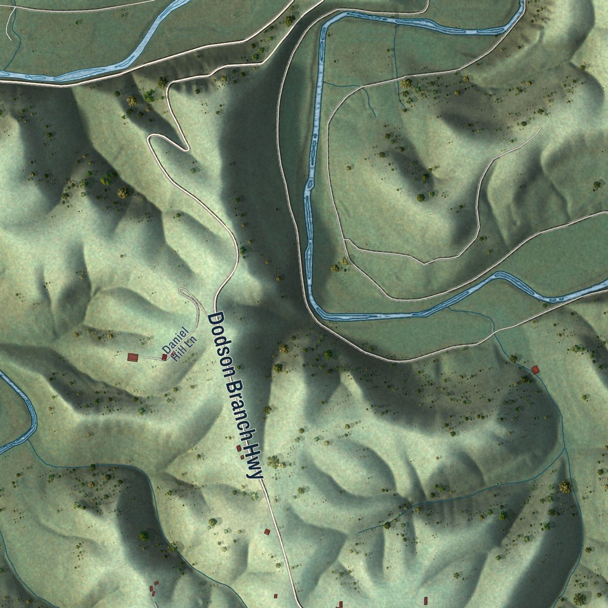 Second close-up of the map of Dodson Branch, Tennessee print showing more streets and buildings