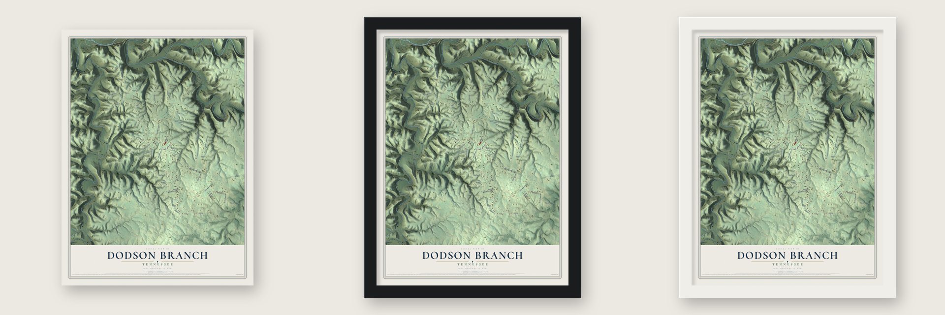 Dodson Branch, Tennessee map unframed, in a black wood frame and in a white wood frame