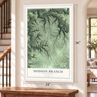 Dodson Branch, Tennessee map, 24 x 36 inch print in a white frame by a staircase