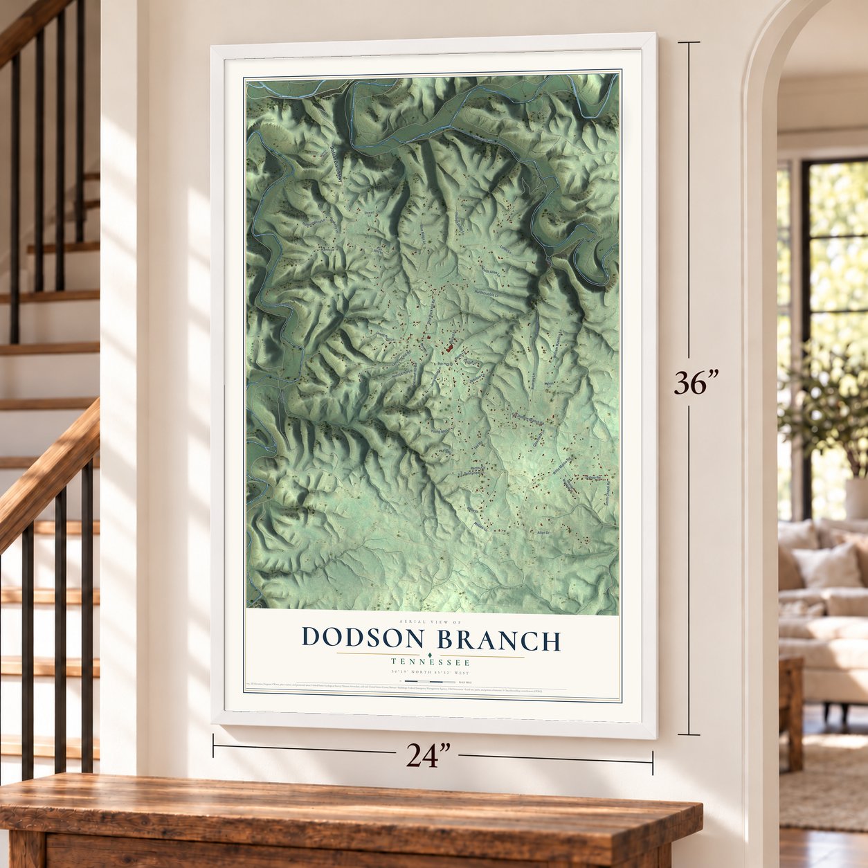 Dodson Branch, Tennessee map, 24 x 36 inch print in a white frame by a staircase