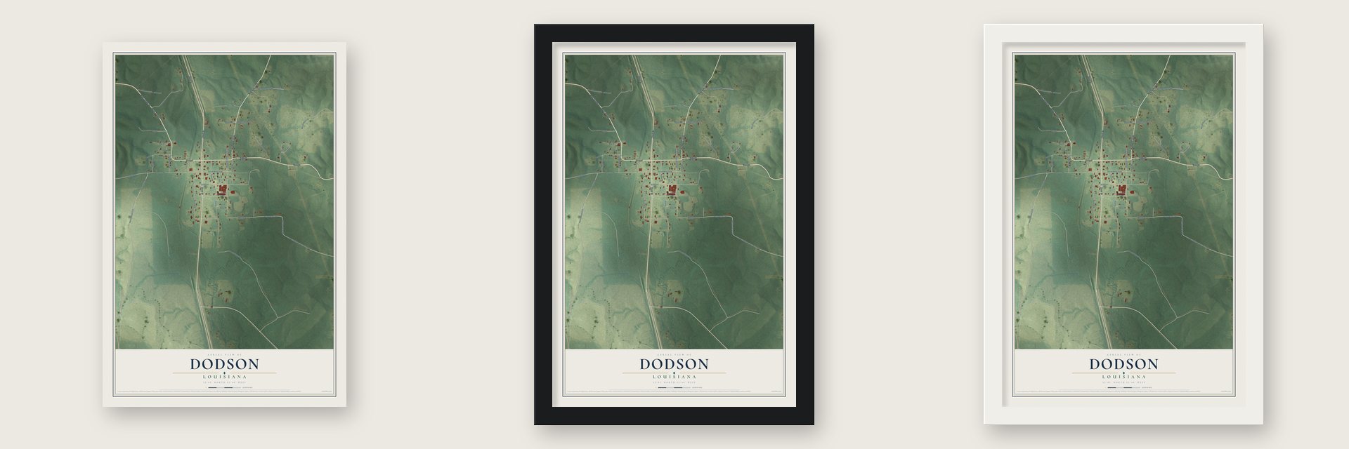 Dodson, Louisiana map unframed, in a black wood frame and in a white wood frame