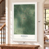 Dodson, Louisiana map, 24 x 36 inch print in a white frame by a staircase