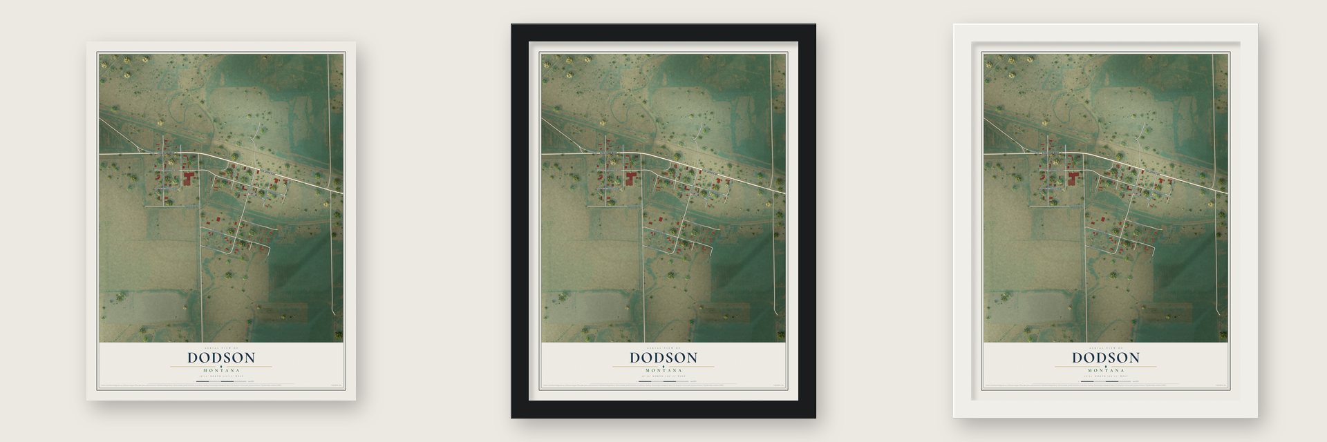 Dodson, Montana map unframed, in a black wood frame and in a white wood frame