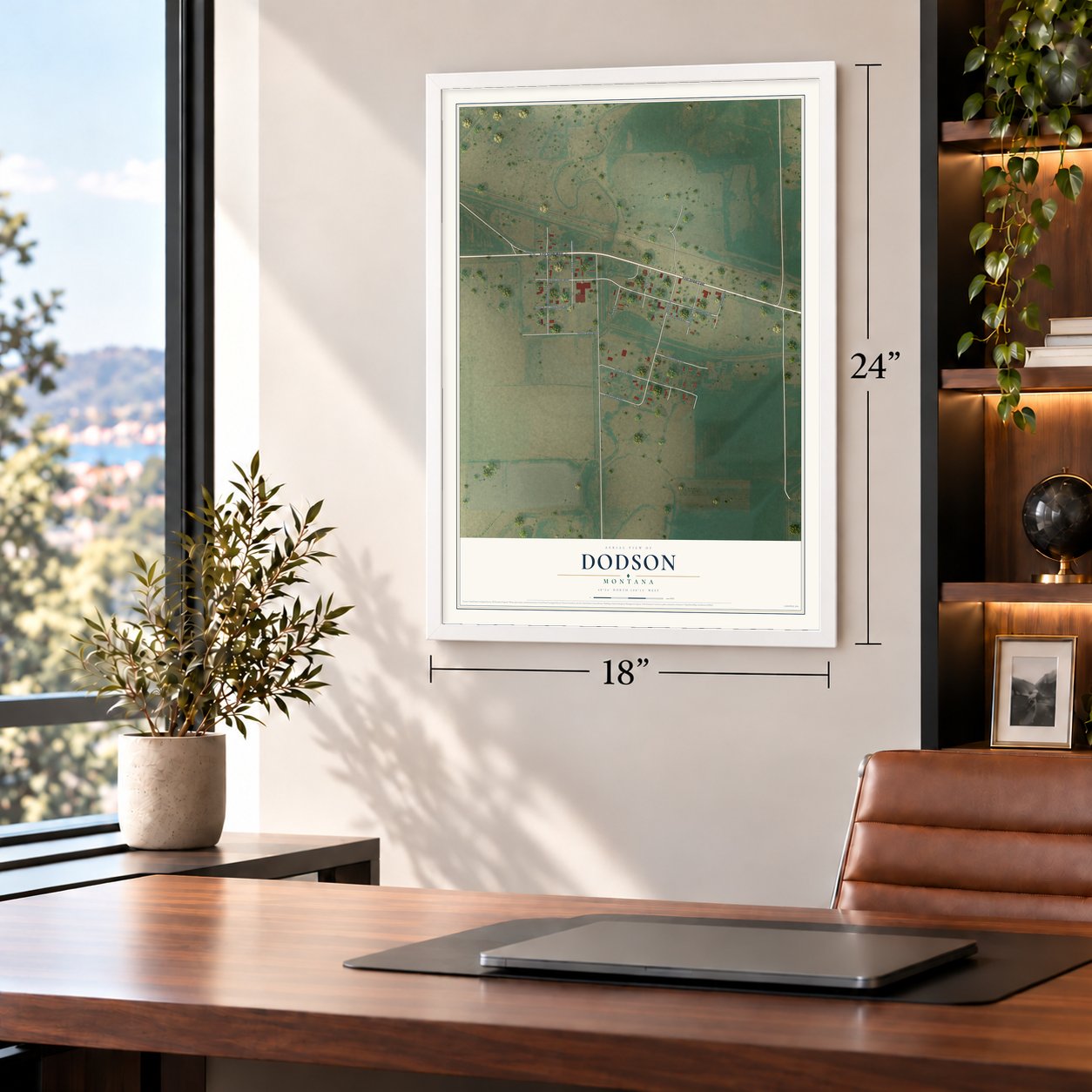 Dodson, Montana map, 18 x 24 inch print in a white frame in a home office
