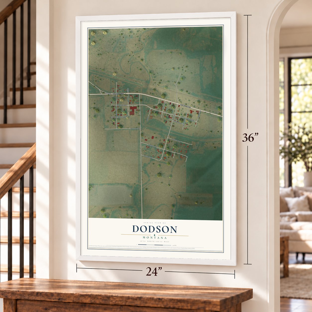 Dodson, Montana map, 24 x 36 inch print in a white frame by a staircase