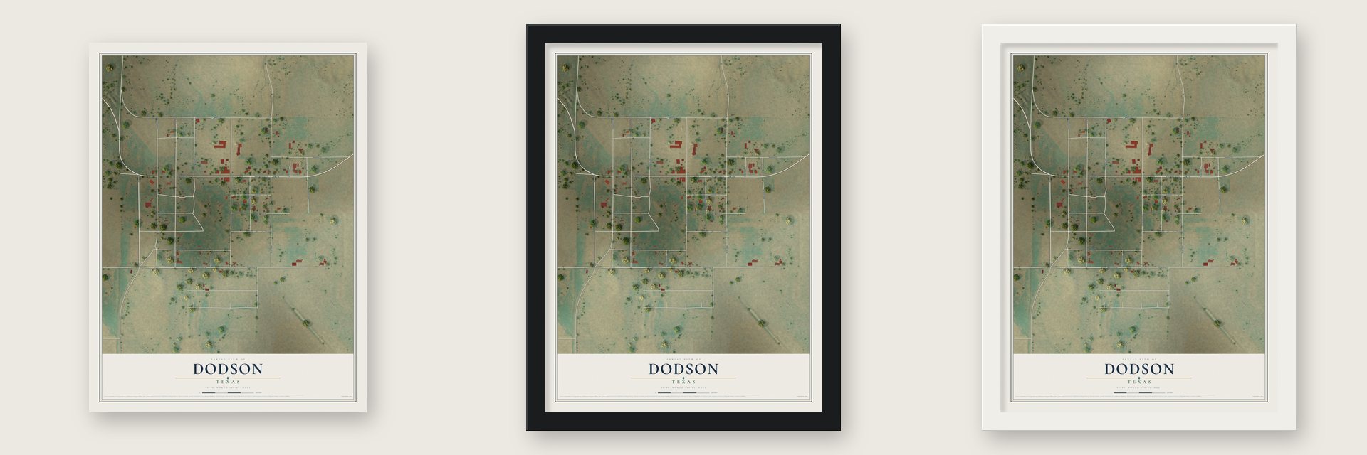 Dodson, Texas map unframed, in a black wood frame and in a white wood frame