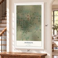 Dodson, Texas map, 24 x 36 inch print in a white frame by a staircase